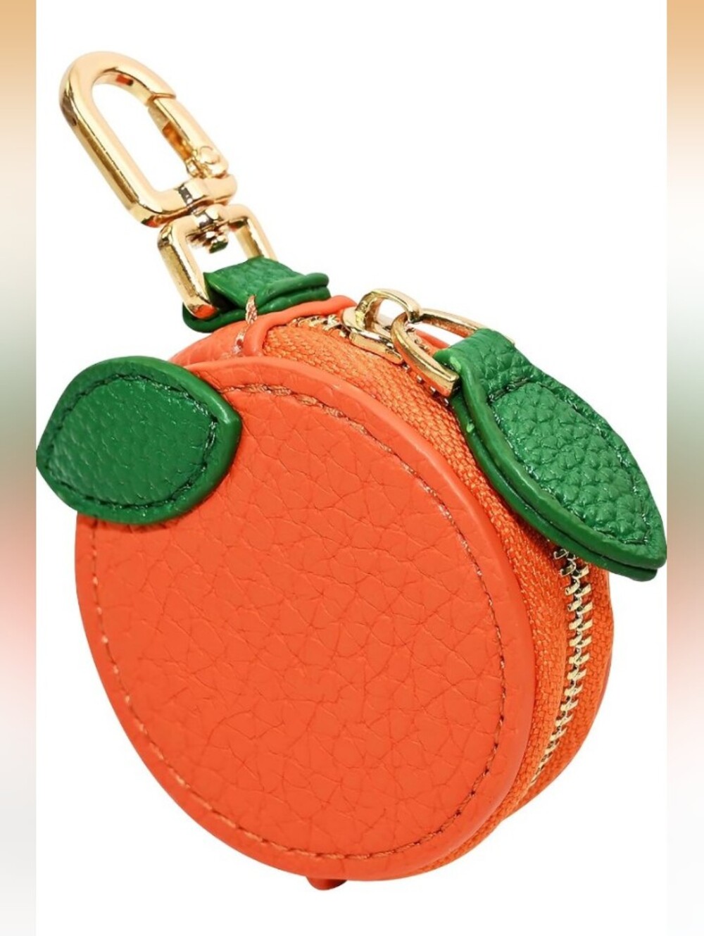 Orange Faux Leather Coin Pouch Keychain Bag Charm with Green Leaf Accents NWT